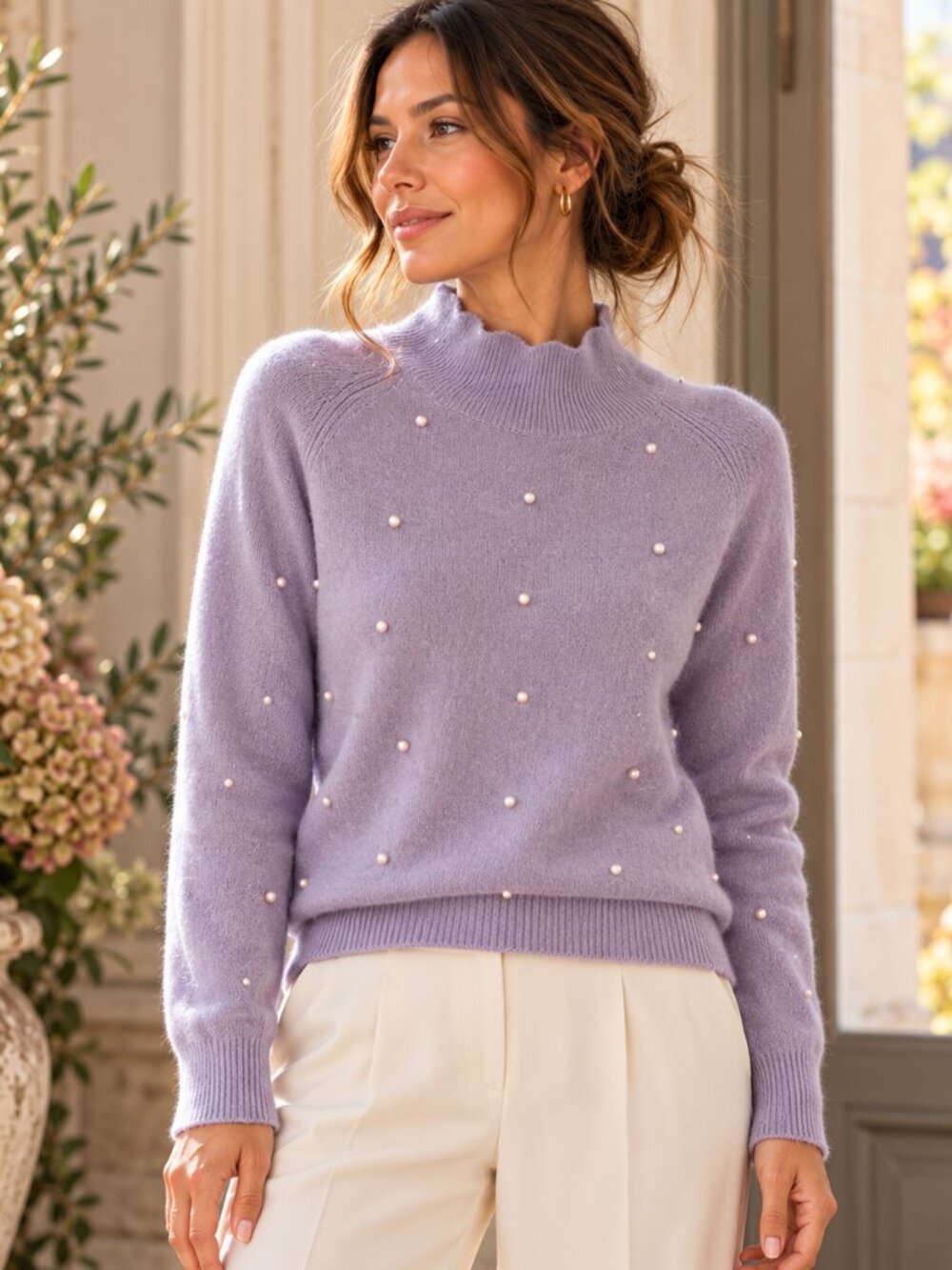 Charter Club Cashmere Sweater Womens M Lavender Pearl Embellished Mock Neck Luxe